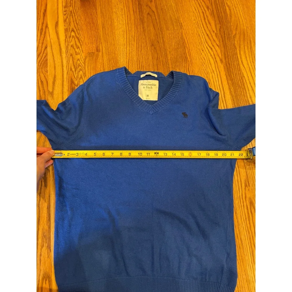 Abercrombie & Fitch‎ Mens Sweater Medium Blue Cashmere Blend V-Neck Moose Logo